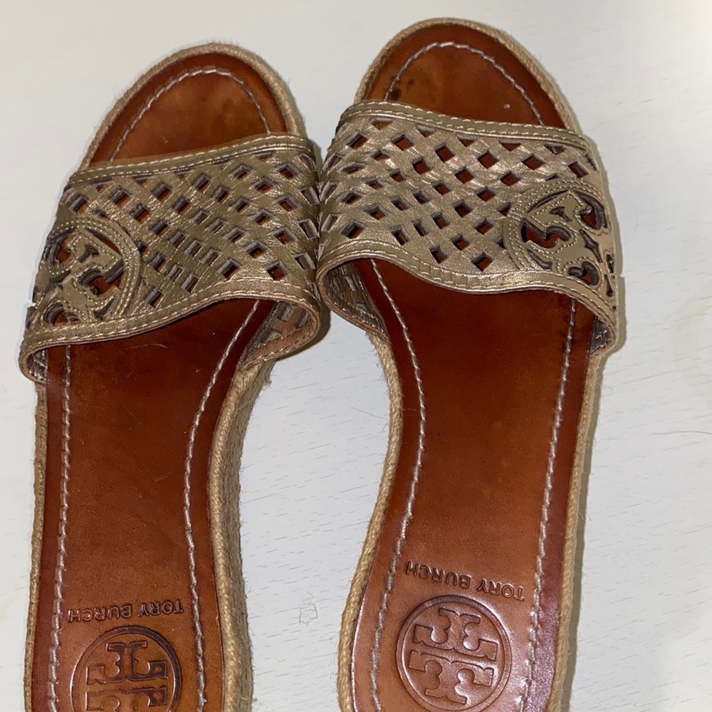 Gold Tory Burch wedges — love them but can’t wear heels any more